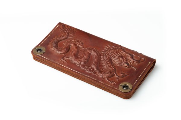 big brown leather wallet button white background dragon print big brown leather wallet button white background dragon print