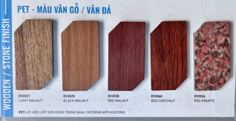 Bang mau tam Alunium Alcorest PET mau vang go van da Bảng màu tấm Alunium Alcorest PET màu vâng gỗ vân đá